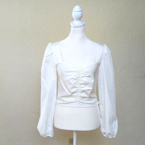 Lucy Paris White Cropped Long Puff Sleeve Gathered Corset Blouse Size XS